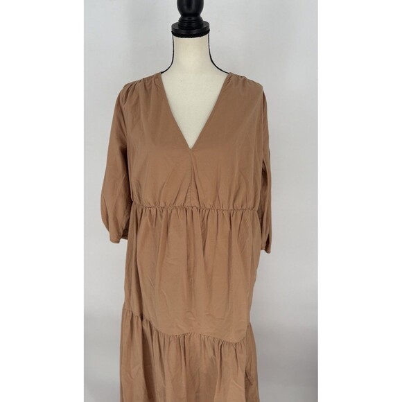 EVERLANE The Poplin Tiered Dress Caramel‎ Sz S Beige Ruffle Hem V Neck Peasant - Picture 5 of 11